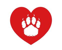 Love Dogs, Animals, Pets, Puppies, Kittens, Cats. Red heart with dog cat white paw foot print inside. Symbol of love. Vector isolated. Postcard, emblem, icon, print, clothing, cover, sticker, shirt