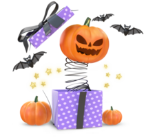 3d tolkning halloween skrämmande pumpa huvud hoppar ut öppen gåva låda png