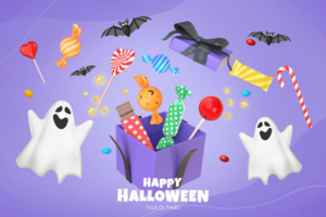 Happy Halloween Template Composition With 3D Rendering Ghosts With Open Gift And Candies psd