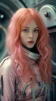 Beautiful young woman with pink hair. Generative AI photo