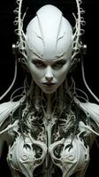 Beautiful white alien female robot, UFO. Generative AI photo
