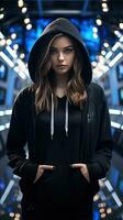 Young girl wearing black hoodie with cyberpunk style. Generative AI photo