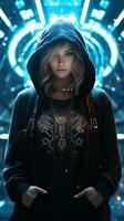 Young girl wearing black hoodie with cyberpunk style. Generative AI photo