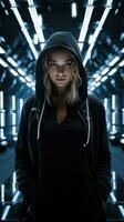 Young girl wearing black hoodie with cyberpunk style. Generative AI photo