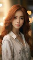 Beautiful asian girl with red hair. Generative AI photo