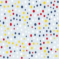 Simple irregular dot seamless pattern, white, yellow, red, blue dots on light grey. Design for fabric, wallpaper, gift wrap web backgrounds scrap booking patchwork vector