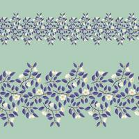 Floral border, branches with purple leaves and light cream flowers on pistachio background. Vector illustration, design for poster, banner, invitation, book, fashion fabric, wrapping.