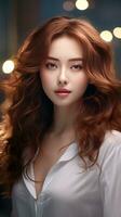 Beautiful asian business woman with red hair. Generative AI photo