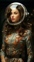 Beautiful woman wearing old classic spacesuit photo