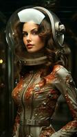 Beautiful woman wearing old classic spacesuit photo