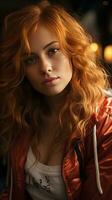 Pretty red head woman with orange jacket photo