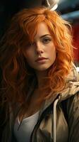 Beautiful red head woman wearing jacket photo