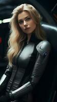 Beautiful young woman in black spacesuit. Generative AI photo
