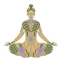 silueta yoga meditando personaje con plantas vector ilustración. humano conexión con naturaleza, ritual prácticas, internacional día de yoga plantilla, póster, tarjeta, imprimir, logo diseño. boho estilo