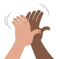 High five Hands of different colors palms clap each other in agreement vector flat illustration. Approval sign , joy, interaction, teamworx,without racism. For card, poster, print, design, background