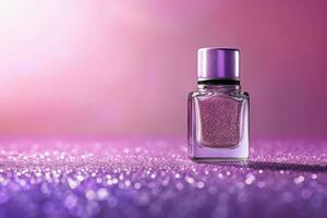 Ai Generative Photo of a purple nail polish bottle on purple glitter background