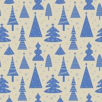 Seamless pattern with different decorative Xmas trees and snow in forest festive motive. Winter repeating background Nordic ornament with decorative fir trees for congratulations, pakking design, card vector