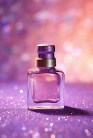 Ai Generative Photo of a purple nail polish bottle on purple glitter background