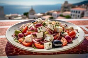 ai generativo foto de un griego ensalada hecho de Tomates