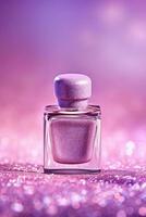 Ai Generative Photo of a purple nail polish bottle on purple glitter background