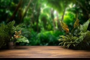 ai generativo foto de un de madera mesa en bosque para producto presentación