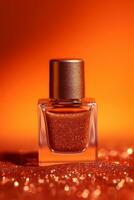 Ai Generative Photo of a orange nail polish bottle on orange glitter background