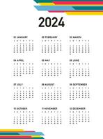 calendario 2024, semana empieza en domingo, nuevo año 2024, en blanco antecedentes con color decoración, plantilla, vector. vector