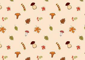 Autumn pattern with mushrooms, maple and oak leaves, cranberries and cranberries. Vector. vector