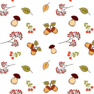cozy fall pattern featuring acorns, mushrooms, berries, and leaves. Vector.