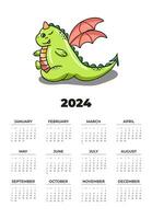 Calendar 2024 with cute dragon in cartoon style, week starts on Sunday, on white background, template, vector. vector