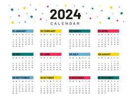 Vector calendar template for 2024, minimal bright design with color inserts, planner for 2024, wall calendar for 2024, week starts on Monday, advertising, printing, stationery, office organization