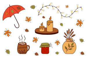 Cozy vector set of autumn icons falling leaves, garland, berries, candles, umbrella, rubber boots, cocoa mug with marshmallows. Collection of fall elements for scrapbooking. Vector.