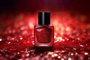 Ai Generative Photo of a red nail polish bottle on red glitter background