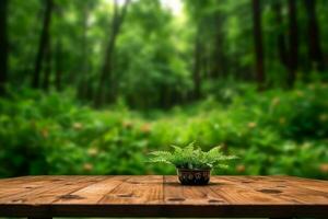 Ai Generative Photo of a wooden table in forest for product presentation