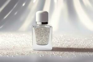 Ai Generative Photo of a white nail polish bottle on white glitter background