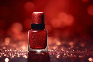 Ai Generative Photo of a red nail polish bottle on red glitter background