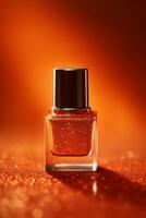 Ai Generative Photo of a orange nail polish bottle on orange glitter background