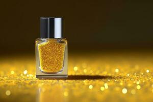 Ai Generative Photo of a yellow nail polish bottle on red yellow background