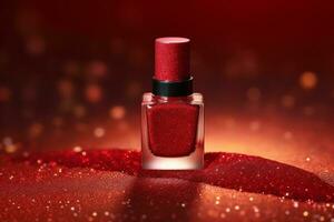 Ai Generative Photo of a red nail polish bottle on red glitter background