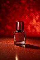 Ai Generative Photo of a red nail polish bottle on red glitter background