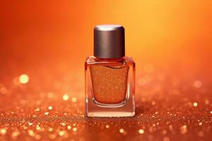 Ai Generative Photo of a orange nail polish bottle on orange glitter background