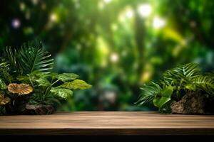 ai generativo foto de un de madera mesa en bosque para producto presentación