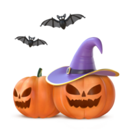 3d renderen halloween pompoenen met heks hoed en vleermuizen png