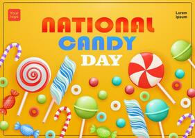 Happy National Candy Day Vector. Different types of candy. 3d vector of red spiral lollipop, marsmellow candy, mint candy and lollipop, suitable for events, elements and frames