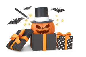 3D Rendering Halloween Pumpkin With Magician Hat In Black Open Gift Box png