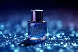 Ai Generative Photo of a blue nail polish bottle on blue glitter background