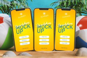 realistic mockup of three smartphone screen on beach with ball in sunny summer vacation theme scene front view psd