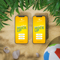 realistisch mockup van twee smartphone scherm Aan strand met bal in zonnig zomer vakantie thema tafereel top visie psd