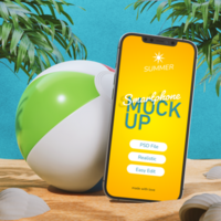 realistisch mockup smartphone scherm Aan strand met bal in zonnig zomer vakantie thema tafereel voorkant visie psd