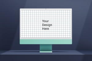 modern 24 inch digital screen display imac 2021 desktop computer editable mockup on podium composition psd